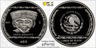 1993-Mo 5 Peso Carita Sonriente T-1 KM-584  Ag PR69DCAM