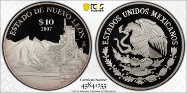 2007-Mo 10 Peso Nuevo Leon KM-834  Ag PR69DCAM
