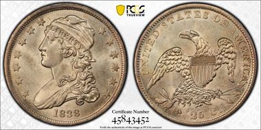 1838 25C Capped Bust MS63