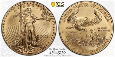 2021 $50 Gold Eagle - Type 1 At Dusk & At Dawn 35th Anniversary Thomas D. Roger MS70