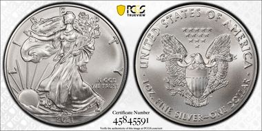 2021 $1 Silver Eagle - Type 1 At Dusk & At Dawn 35th Anniv. Mint Eng. Mercanti F MS70