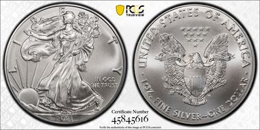 2021 $1 Silver Eagle - Type 1 At Dusk & At Dawn 35th Anniv. Mint Eng. Mercanti F MS70