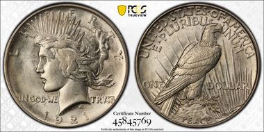 1921 $1 High Relief, Peace AU58