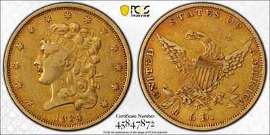 1834 $5 Classic Head, HM-7 VF35