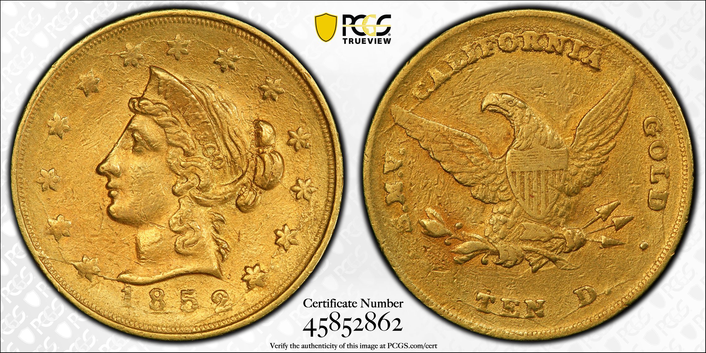 1852 $10 Wass, Molitor & Co. Large Head AU53 PCGS