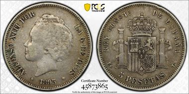 1893-PG L 5 Pta (1893) KM-700  Ag VF30