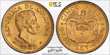 1929 5 Peso Restrepo-455.8 MFDFLLIN MS64