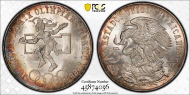 1968-Mo 25 Peso Olympic KM-479.3 Low Cntr ring, Curve Tongue MS66