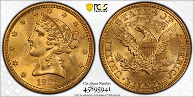 1908 $5 Liberty MS64