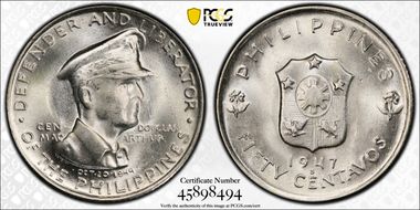 1947-S 50C Douglas MacArthur KM-184  Ag MS65