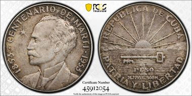 1953 Peso Jose Marti KM-29  Ag AU50