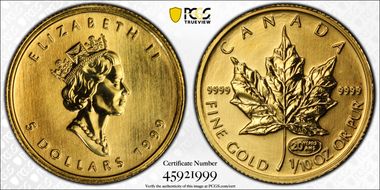 1999 $5 Maple Leaf 1/10oz Au 20 Years ANS Privy MS68