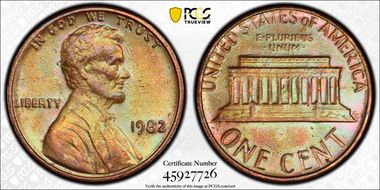 1982 1C Zinc, Large Date MS64BN