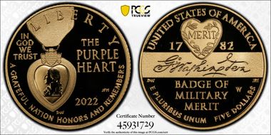 2022-W $5 National Purple Heart Hall of Honor PR70DCAM
