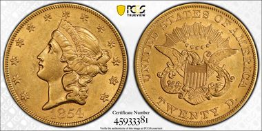 1854 $20 Large Date AU55