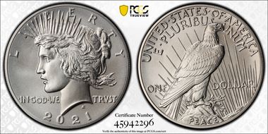 2021 $1 Peace Dollar 100th Anniversary MS70