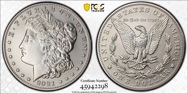 2021-S $1 Morgan Dollar 100th Anniversary  First Day of Issue MS70