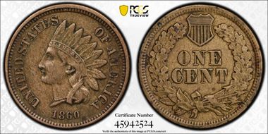 1860 1C Pointed Bust XF45