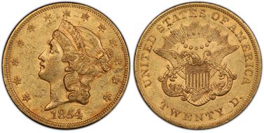 1854 $20 Small Date AU55