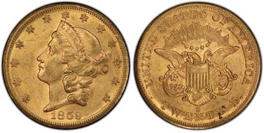 1859-S $20 AU58