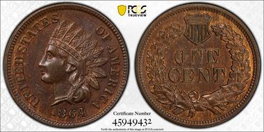 1864 1C L on Ribbon AU58BN