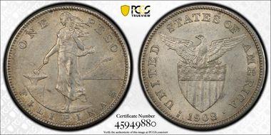 1908-S Peso KM-172  Ag AU58