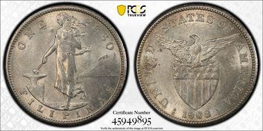 1908-S Peso KM-172  Ag AU58