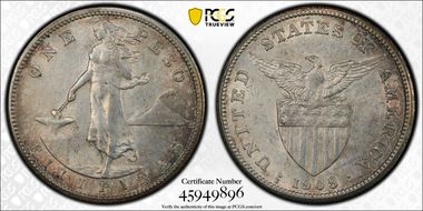 1909-S Peso KM-172  Ag AU58