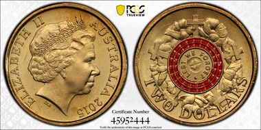 2015 $2 Lest We Forget Colorized Poppy Counterstamp MS66