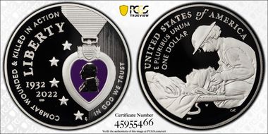 2022-W $1 National Purple Heart Hall of Honor Colorized First Strike PR70DCAM