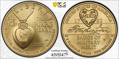 2022-W $5 National Purple Heart Hall of Honor First Strike MS70