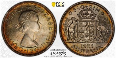 1953(m) Florin Small Rev. Denticles KM-54  Ag MS64