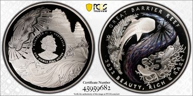 2022 $5 Great Barrier Reef Ag Colorized PR70DCAM