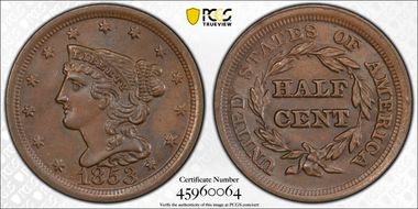 1853 1/2C AU58BN