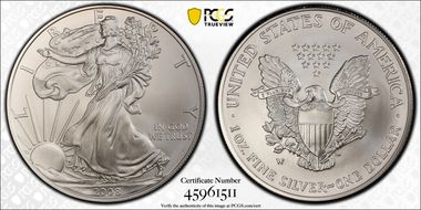 2008-W $1 Burnished Silver Eagle Reverse of 2007 SP69