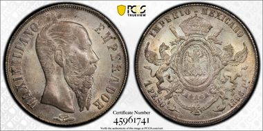 1866-Pi Peso Maximilian KM-388.2 Ag MS63