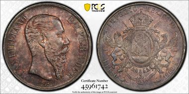 1866-Mo Peso Maximilian KM-388.1  Ag MS62