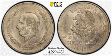 1953-Mo 5 Peso Hidalgo KM-467 Ag AU58