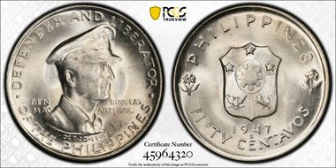 1947-S 50C Douglas MacArthur KM-184  Ag MS65