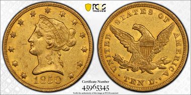 1850 $10 Large Date AU58
