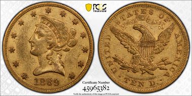 1869 $10 AU50