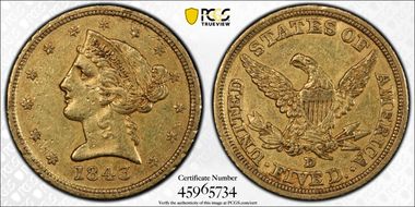 1843-D $5 Medium D AU50