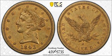 1843-O $5 Small Letters AU50