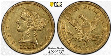 1844-D $5 AU58