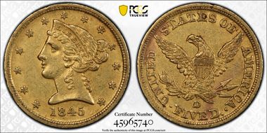 1845-D $5 AU55+