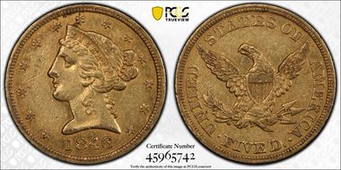 1846 $5 Large Date AU50