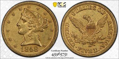 1848-D $5 AU55