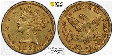 1851-D $5 AU55