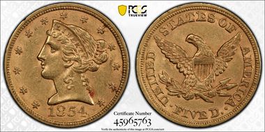 1854 $5 AU58