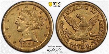 1854-D $5 Large D AU55